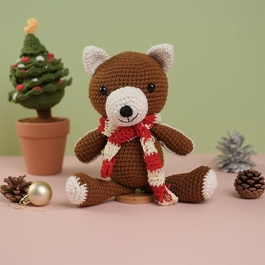 Brown Teddy Bear Wearing Red & White Christmas Scarf