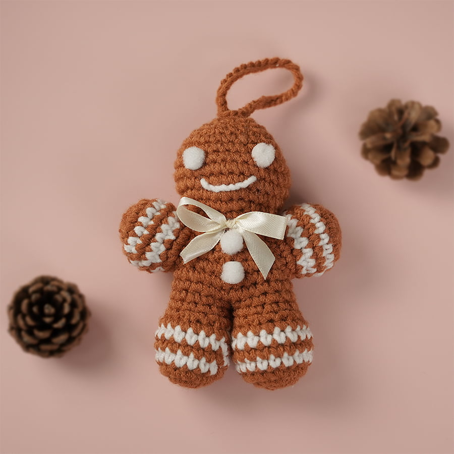 Gingerbread Man With White Pom Pom Eyes For Christmas Tree Crochet Pattern