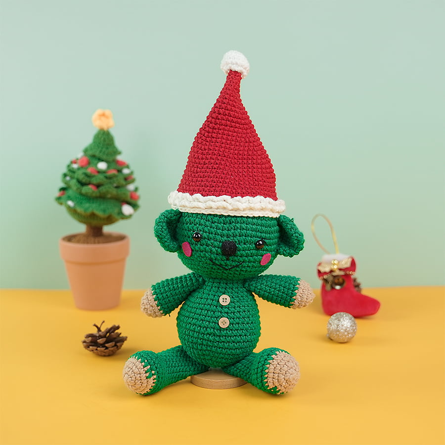 Green Crochet Teddy Bear With Santa Hat Pattern
