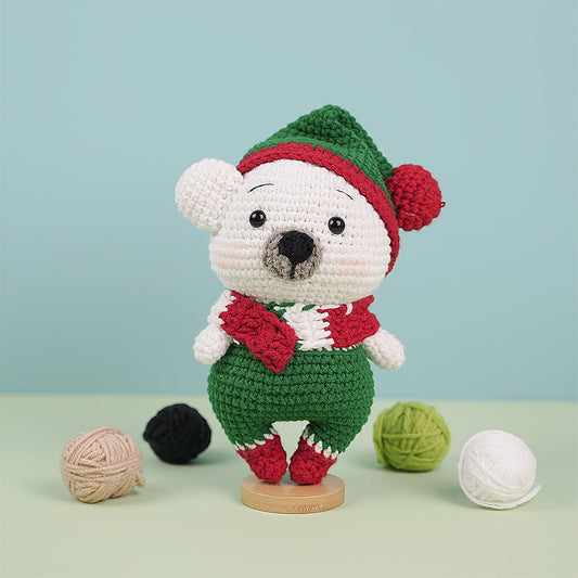 Polar Bear In Green Beanie Plush Toy Crochet