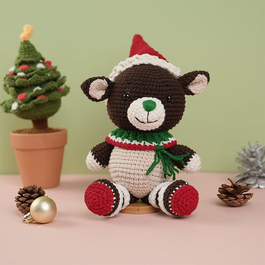 Green Nose Teddy Bear In Christmas Hat Plush Toy Crochet