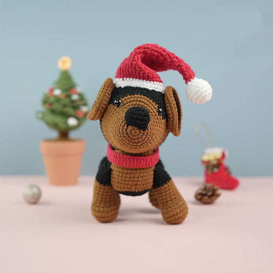 Black Rottweiler With A Christmas Hat Plush Toy Crochet
