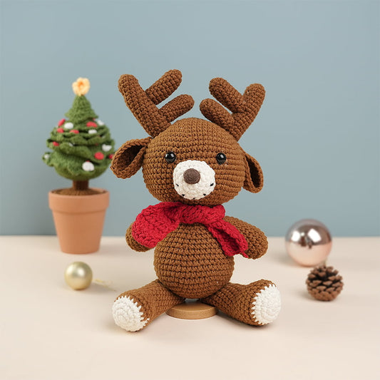 Brown Reindeer With Red Scarf Plush Toy Crochet Christmas Gifts Handmade Gifts Christmas Reindeer Plush Toy
