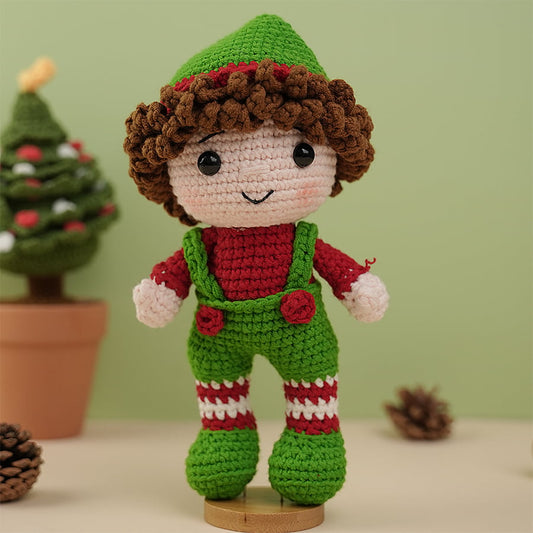 Boy Wearing Green Dungarees Christmas Plushie Toy Crochet