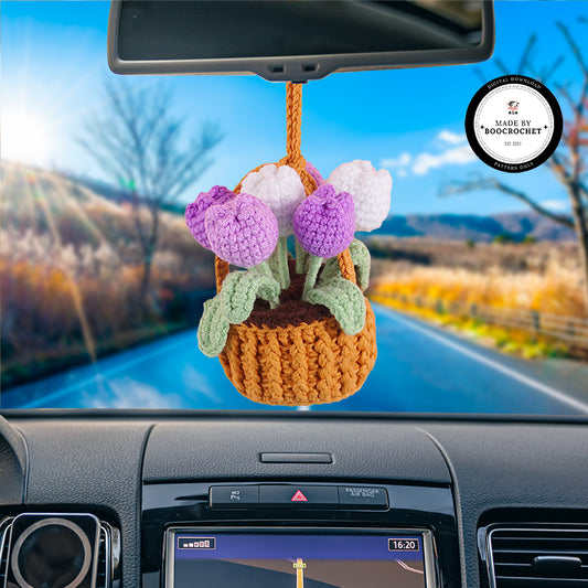 Purple Tulip Flowers Basket Handle Car Hanging Crochet Pattern