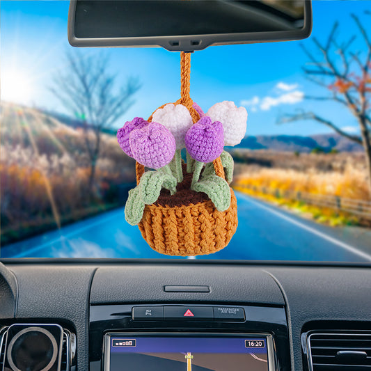 Handmade Purple Tulip Flowers Basket With Handle Car Hanging Crochet