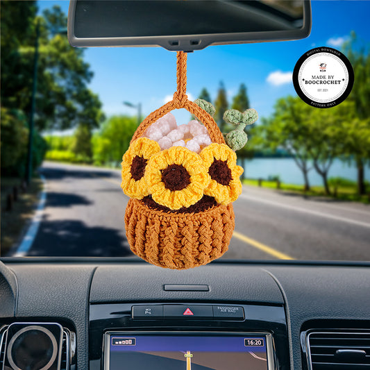 Sunflower And Daisy Flowers Basket Handle Car Hanging Crochet Pattern