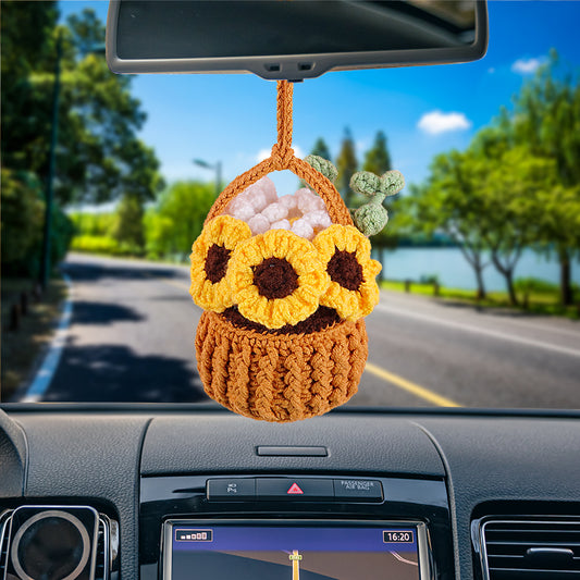 Handmade Yellow Daisy Flowers Basket With Handle Car Hanging Crochet