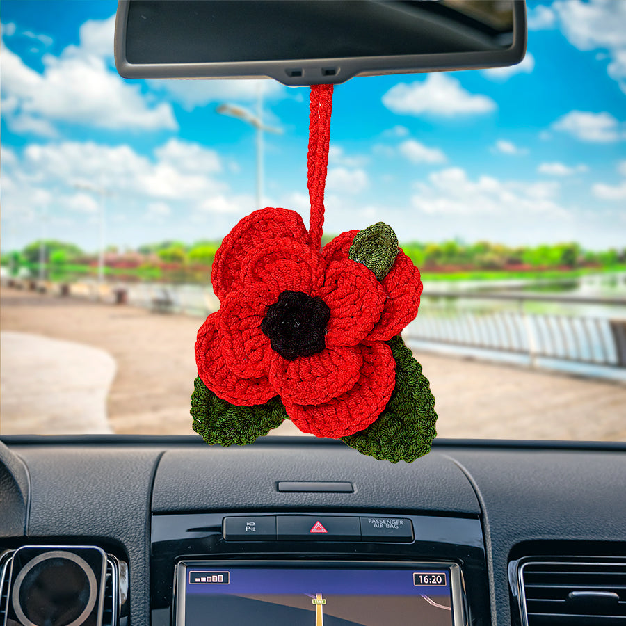 Crochet Red Poppy Flowers Car Hanging