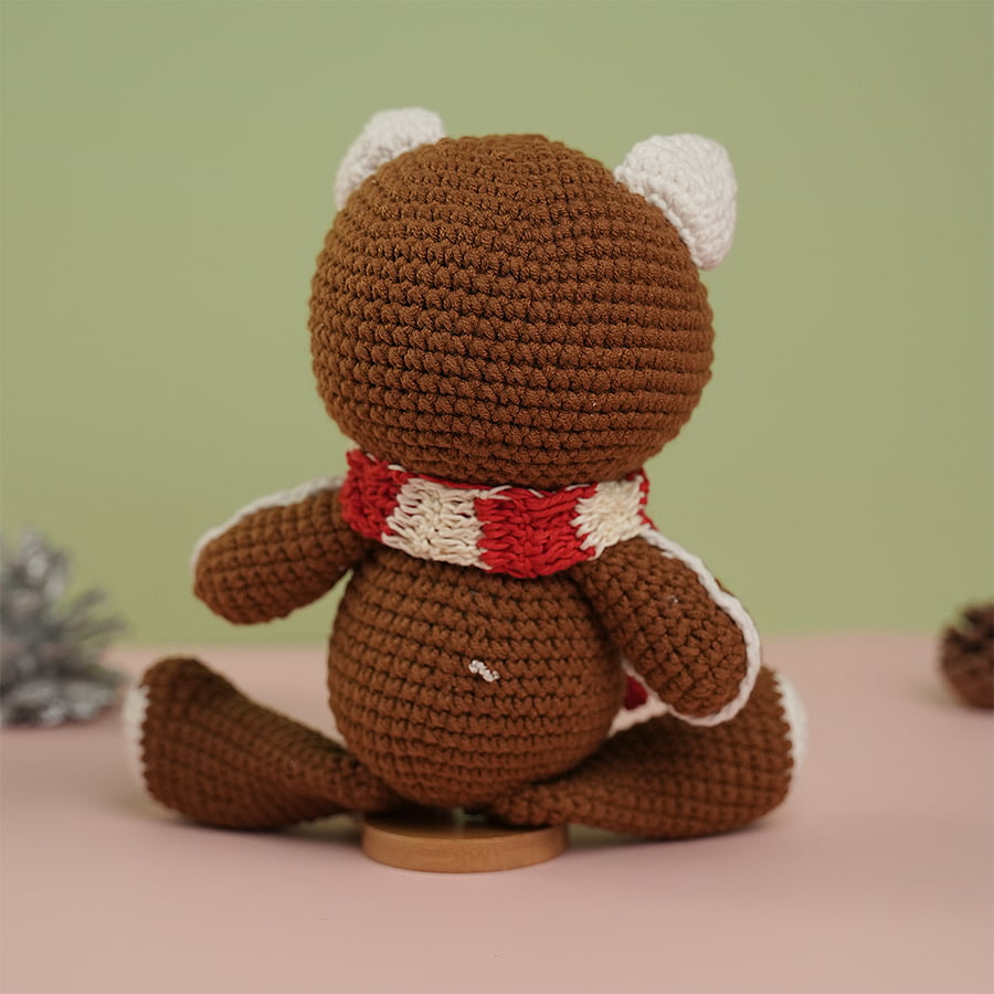 Brown Teddy Bear Wearing Red & White Christmas Scarf Plush Toy Crochet