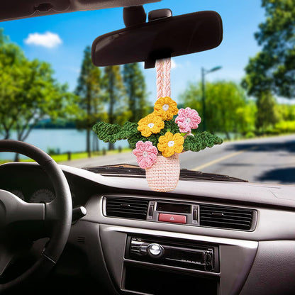 Pink And Yellow Flowers Pot Crochet Car Hanging Pattern