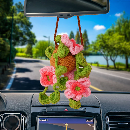 Crochet Cherry Blossom Basket Car Hanging