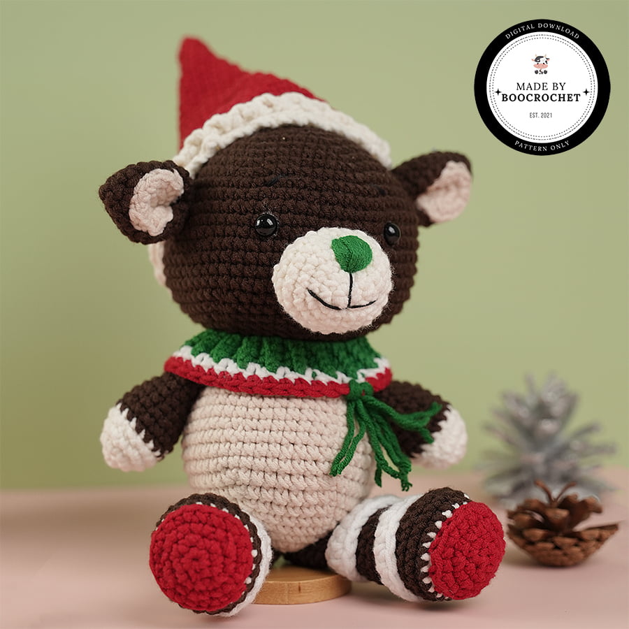 Green Nose Teddy Bear In Christmas Hat Crochet Pattern