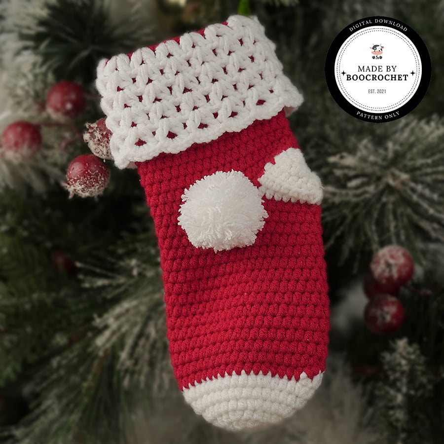 Red Sock With White Bom Bom Crochet Pattern