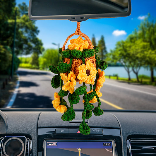 Handmade Sunflowers Basket With Handle Car Hanging Crochet