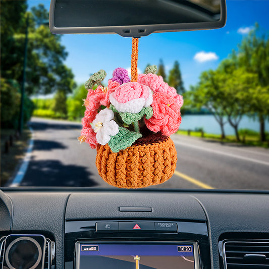 Handmade Rose, Camellia Flowers Basket With Handle Car Hanging Crochet