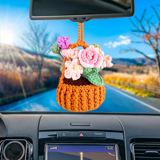 Rose, Camellia, Lavender Flower Basket Handle Car Hanging Crochet Pattern