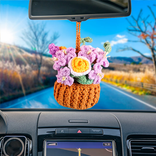 Handmade Lavender, Daisy Flowers Basket With Handle Car Hanging Crochet